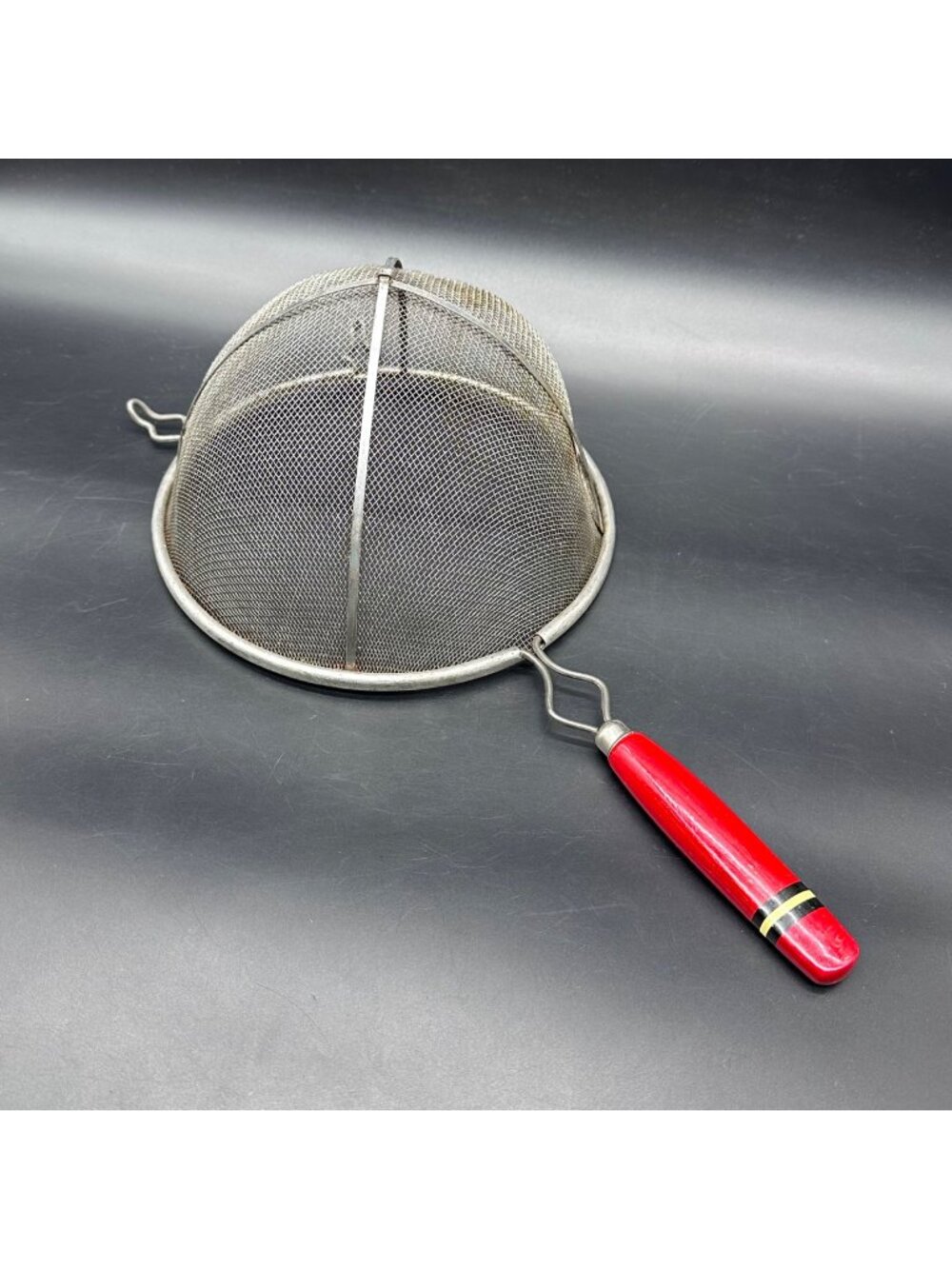Vintage Metal Mesh Strainer Red Wooden Handle Retro Kitchen Tool 50s Mid Century